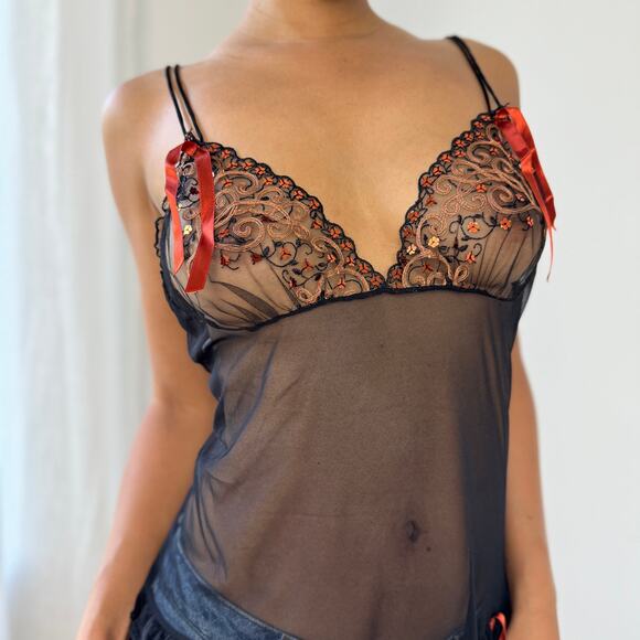 Vintage Italian Sheer Black & Orange Babydoll Top (M) - Picture 8 of 12